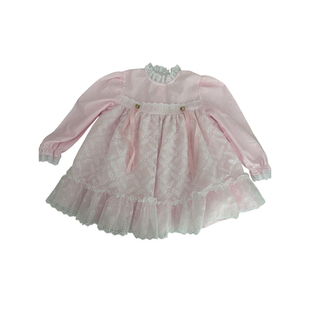Vintage Bellissimo Girls 3T Pink White Lace Ruffle Party Dress Rose Cottagecore
